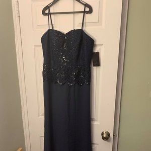 Aidan Mattox Navy Textured Lace Peplum Gown